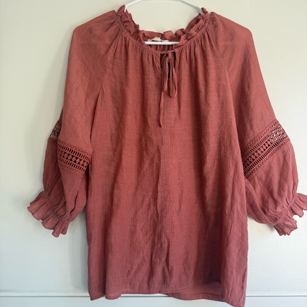 Dusty Rose Lace trim Peasant Blouse 3/4 length sleeves Boho Cottagecore Sz Small